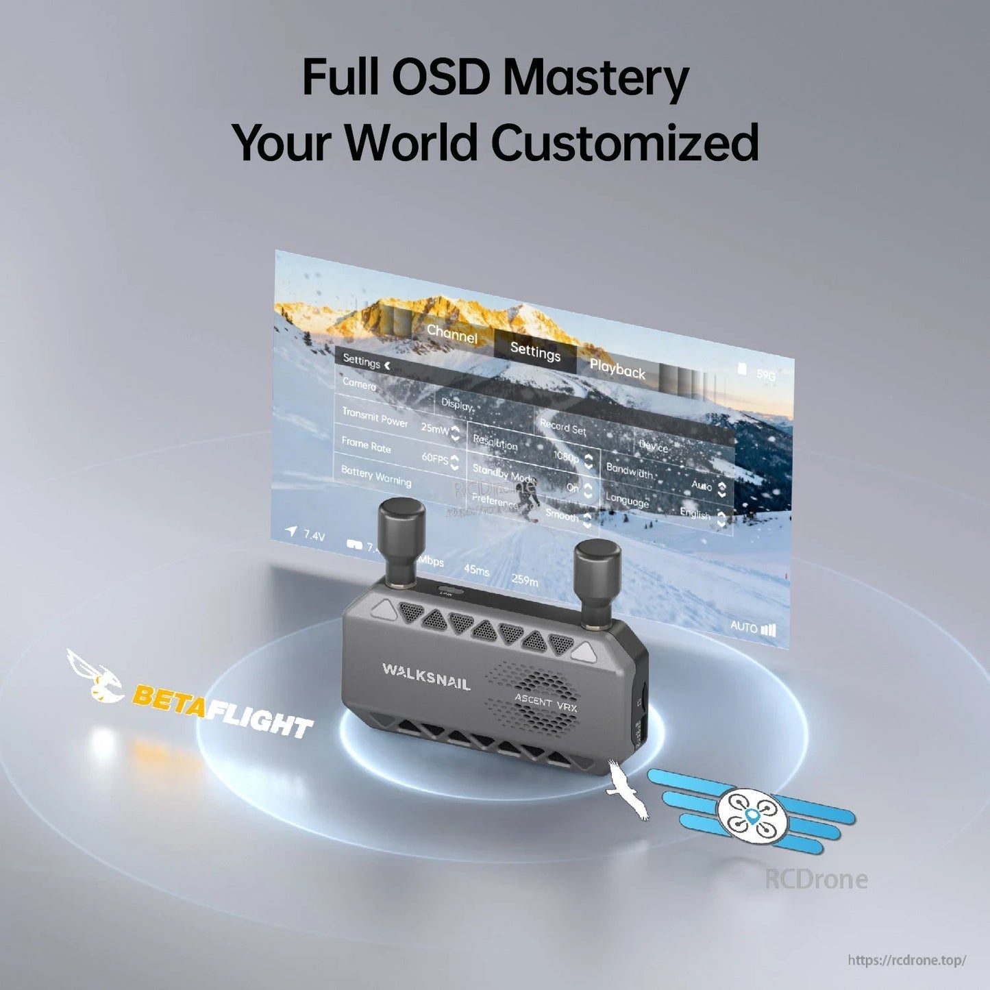 OSD customization graphic showing settings menu overlay and Betaflight icon