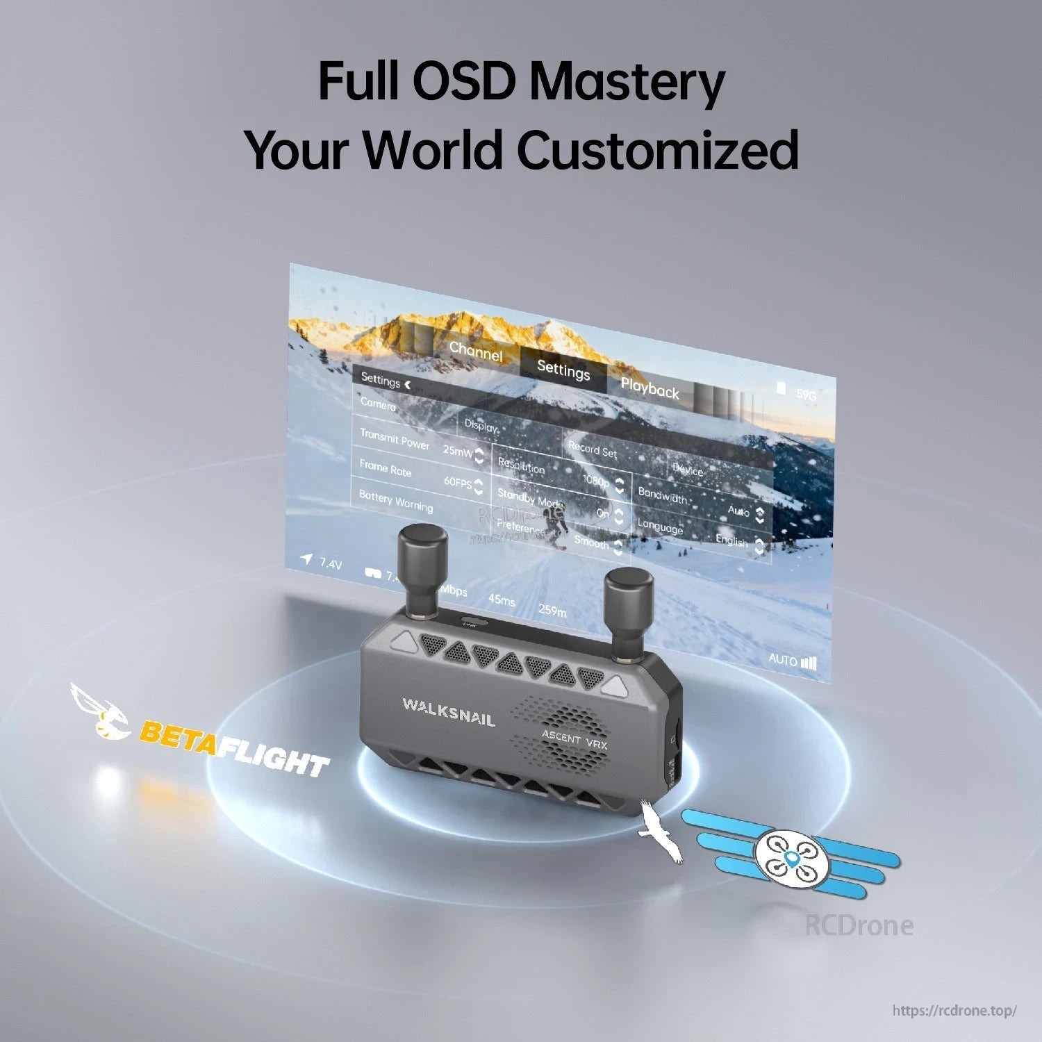 OSD customization graphic showing settings menu overlay and Betaflight icon