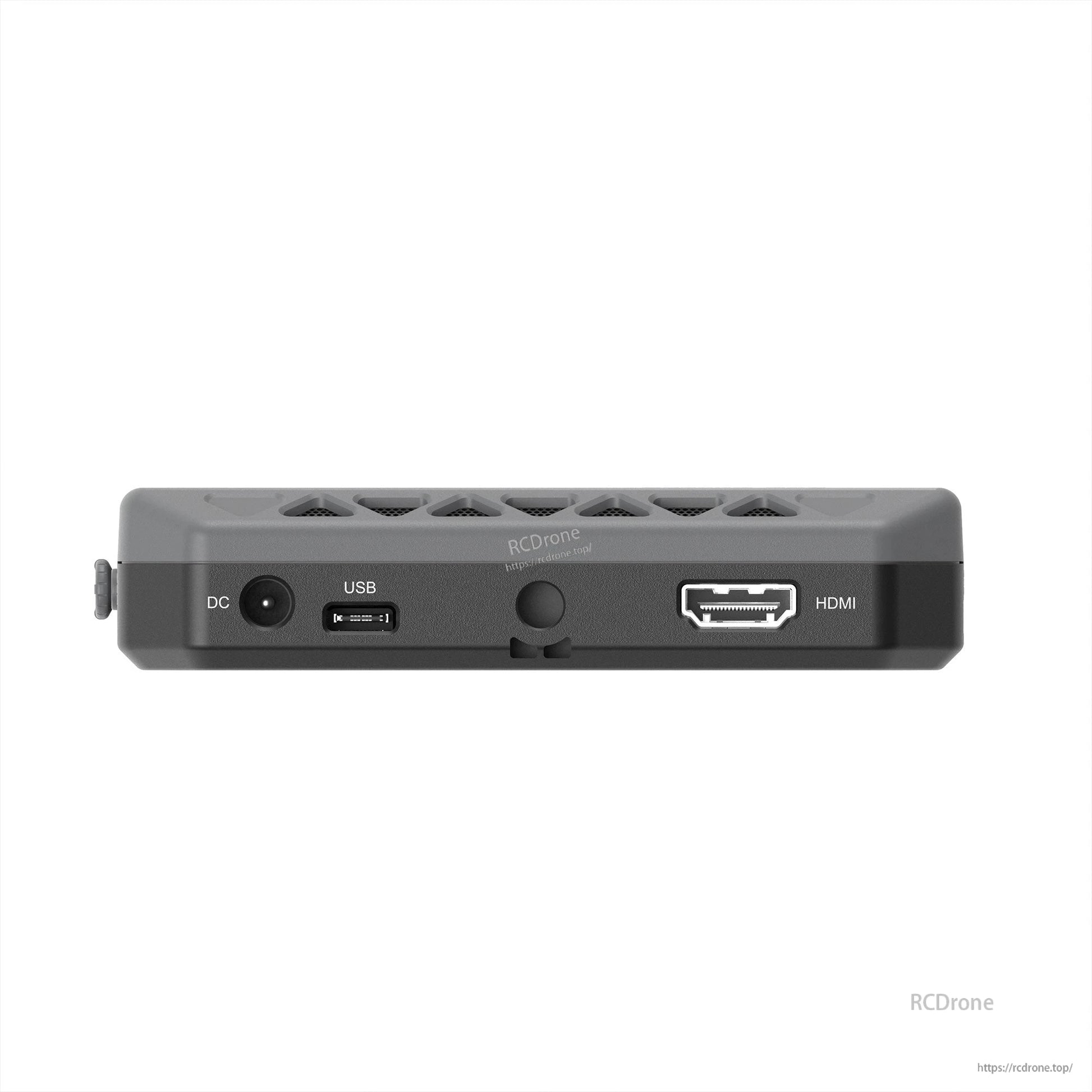 Receiver ports close-up showing DC power input, USB port, and HDMI output