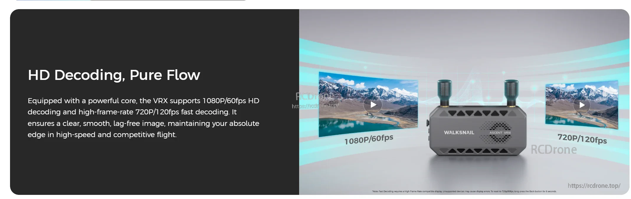 Walksnail Ascent FPV VRX digital receiver with HDMI out, promoting 1080p/60 and 720p/120 decoding