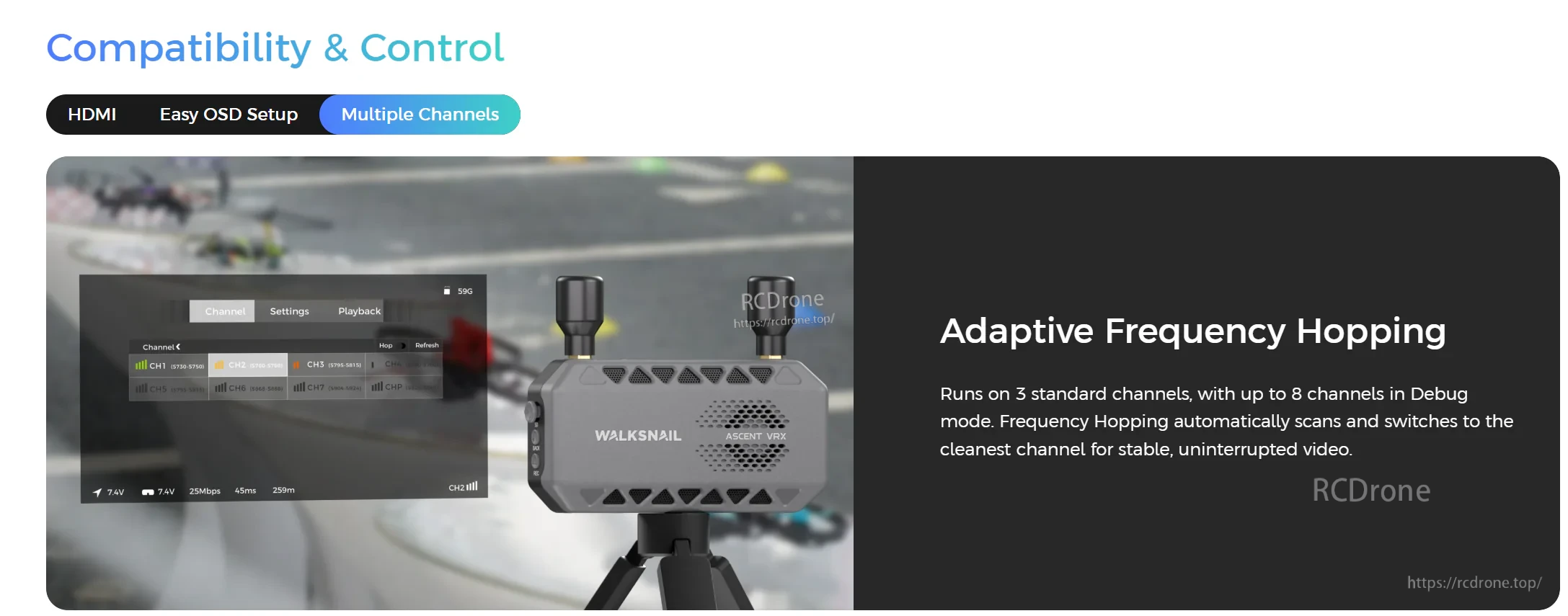 Adaptive frequency hopping interface for Ascent VRX, auto-scanning and switching to a cleaner channel