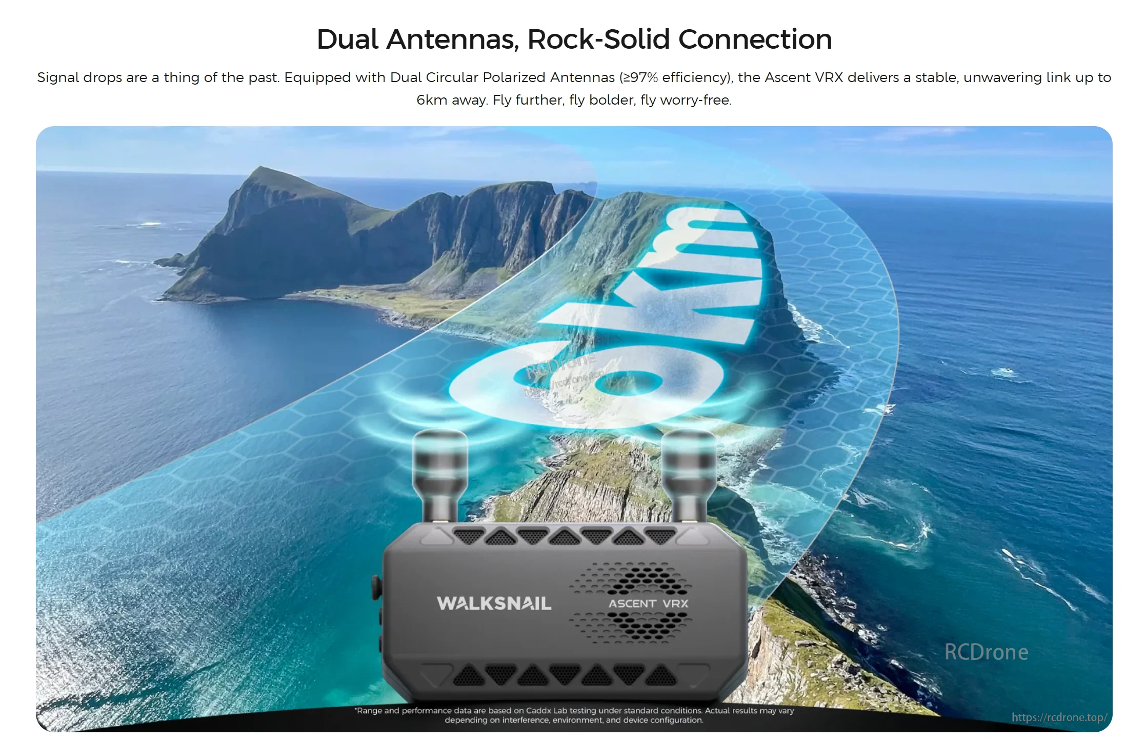 Dual antennas, rock-solid connection banner featuring Ascent VRX receiver with wide coverage signal graphic
