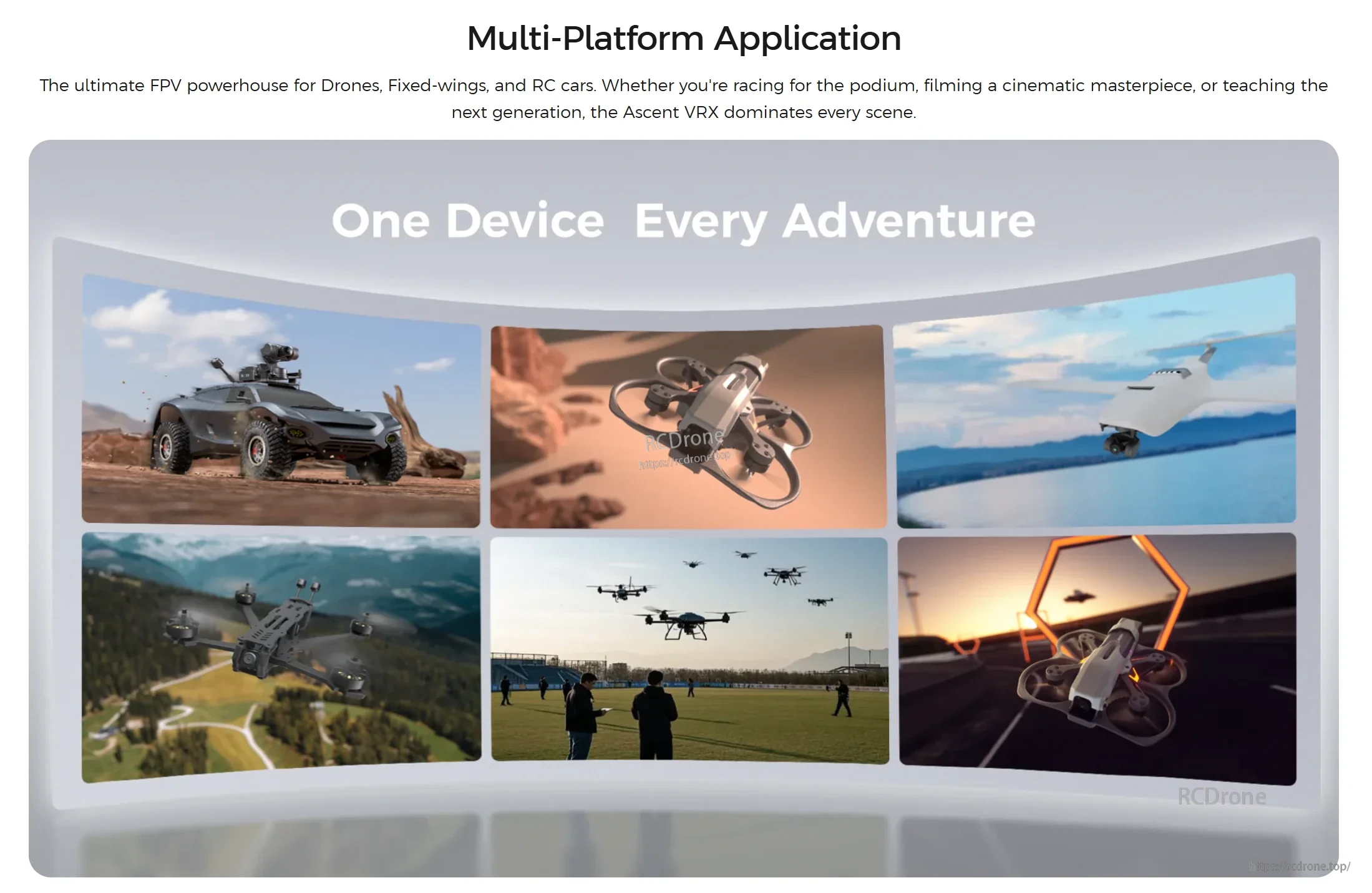 Multi-platform application collage showing FPV use with drones, fixed-wing aircraft, and RC cars