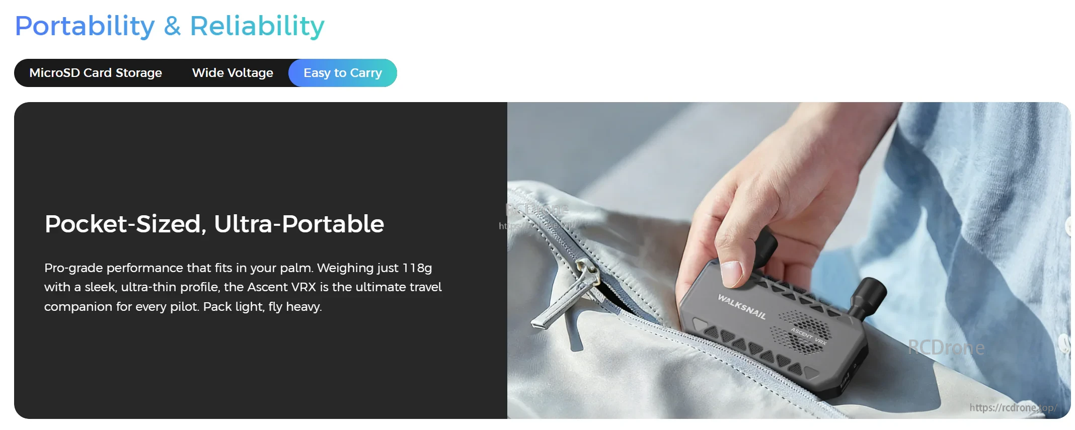 Pocket-sized Ascent VRX receiver being placed into a bag, emphasizing compact portable design