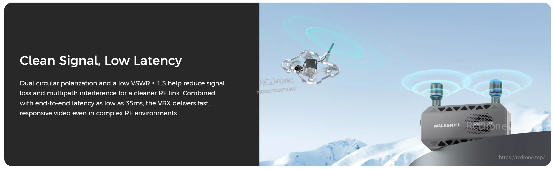 Clean signal, low latency banner for Ascent VRX with dual circular-polarized antennas and FPV drone graphic