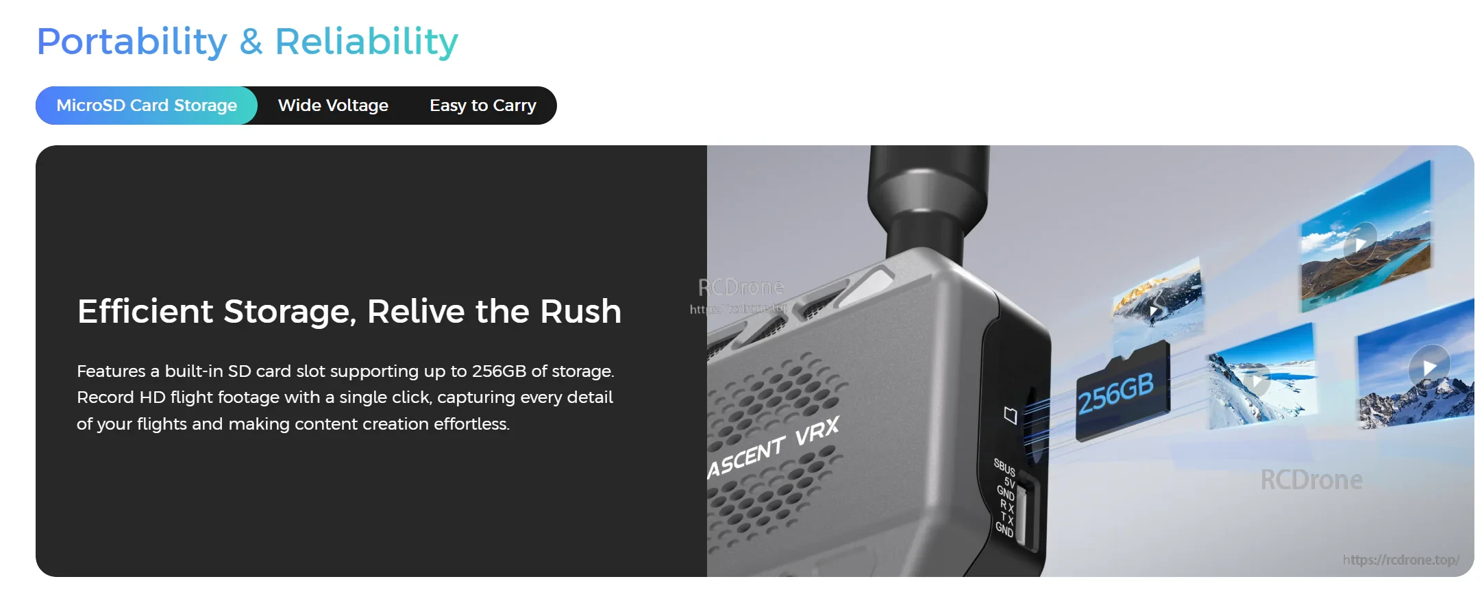 Ascent VRX close-up emphasizing MicroSD card storage and 256GB support for onboard recording