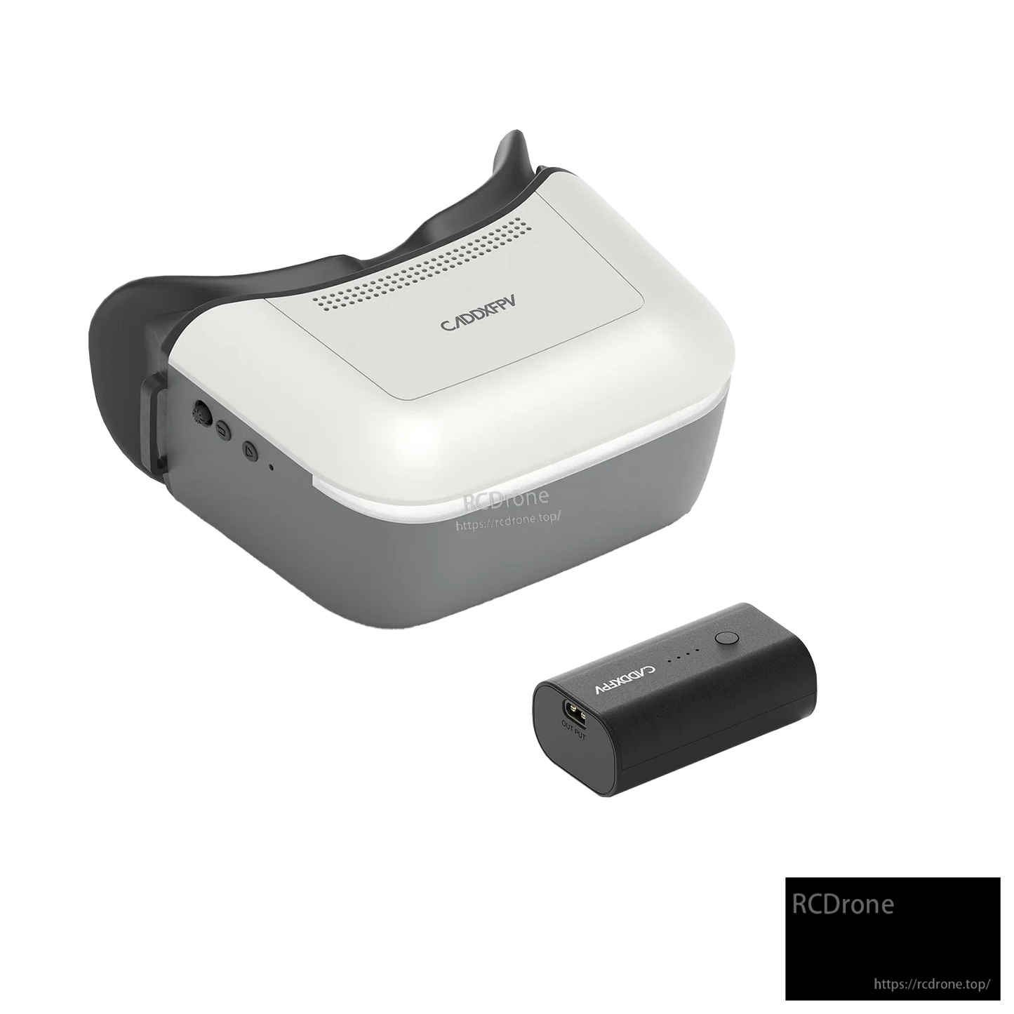 FPV goggles and battery pack, angled view highlighting the left-side port area and top vent detail