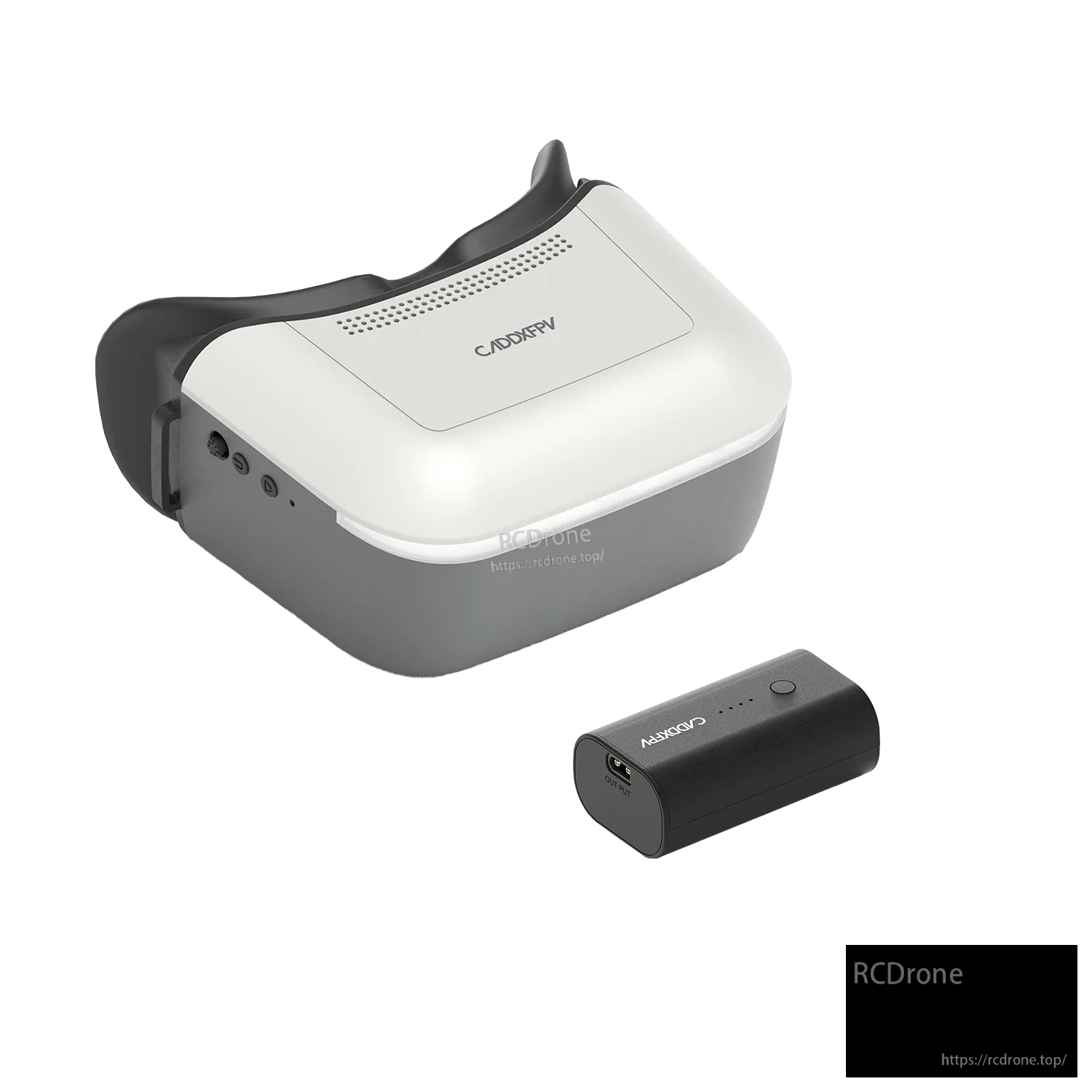 FPV goggles and battery pack, angled view highlighting the left-side port area and top vent detail