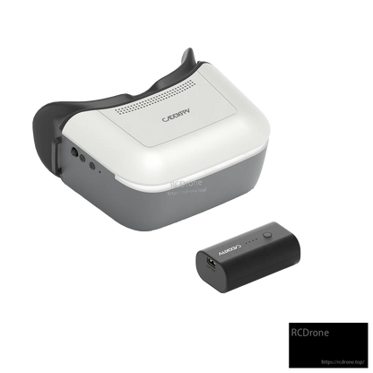 FPV goggles and battery pack, angled view highlighting the left-side port area and top vent detail