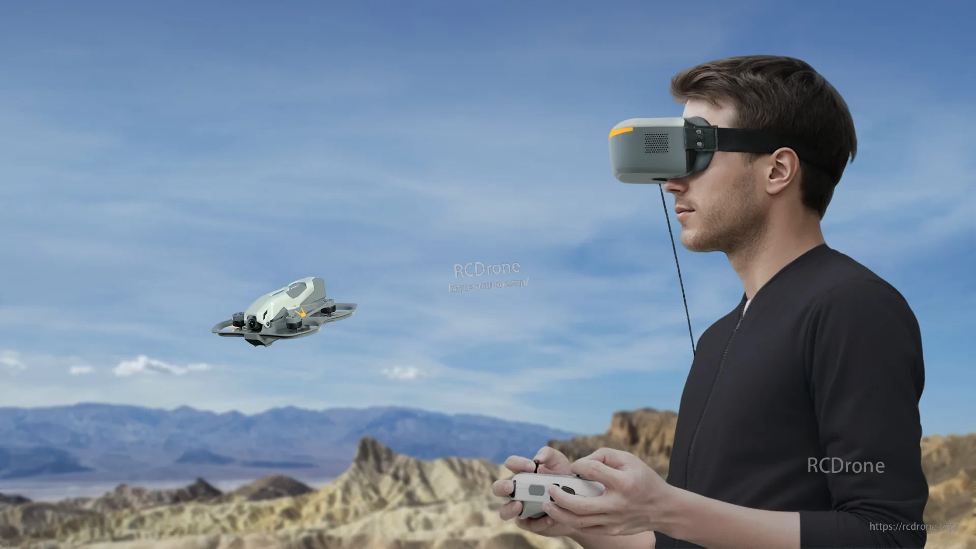 Walksnail Ascent Goggle worn by FPV pilot while flying a drone outdoors with handheld controller