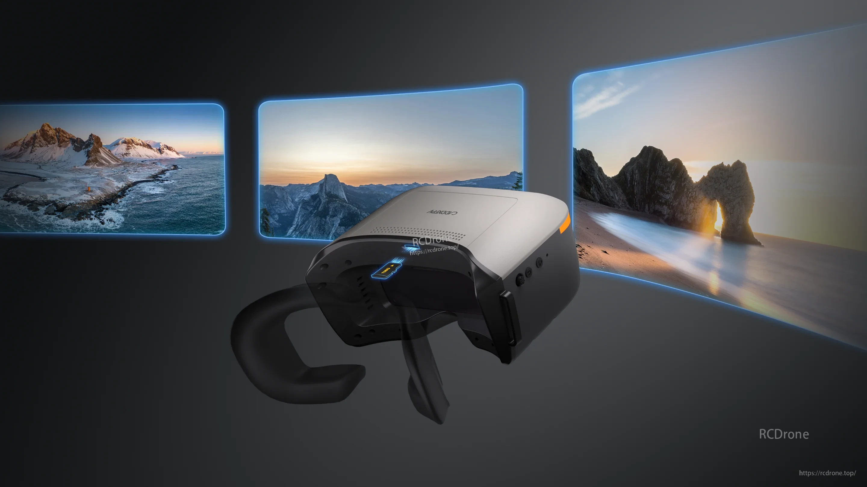 FPV goggles angled to show wraparound viewing effect and front interface area
