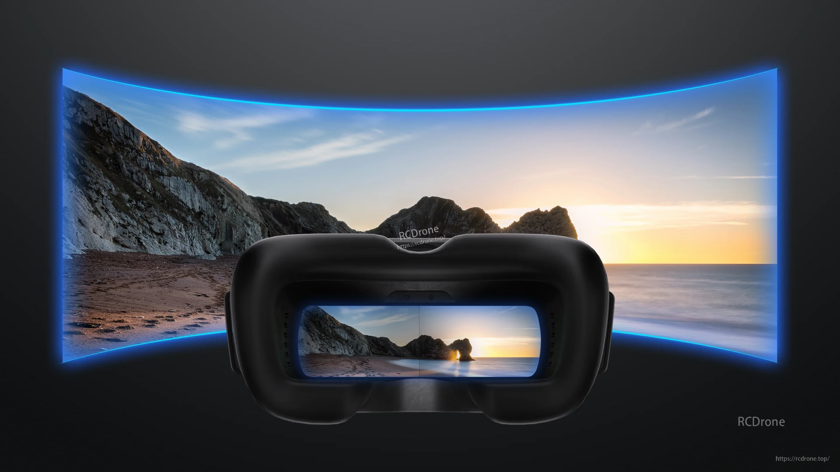 Wide field-of-view view through the FPV goggle faceplate, emphasizing immersive panoramic viewing