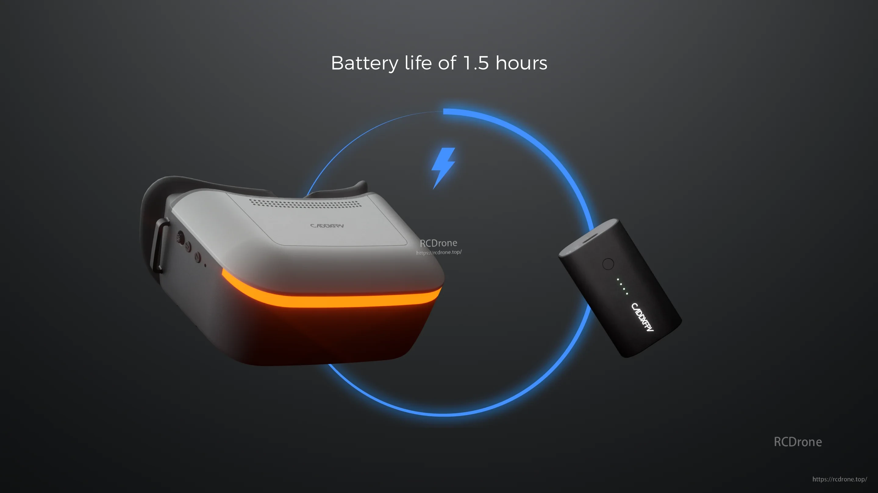 Goggle and external battery graphic noting 1.5-hour battery life for the s