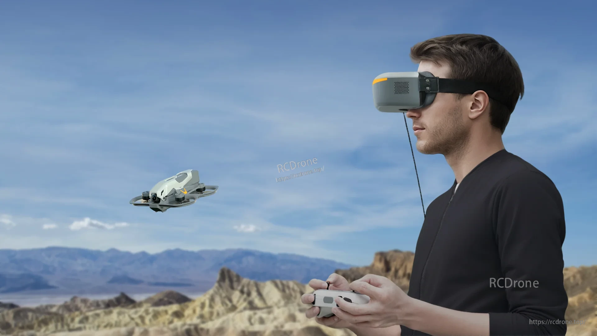 Pilot using the Walksnail Ascent FPV Goggle to fly a drone outdoors with handheld controller