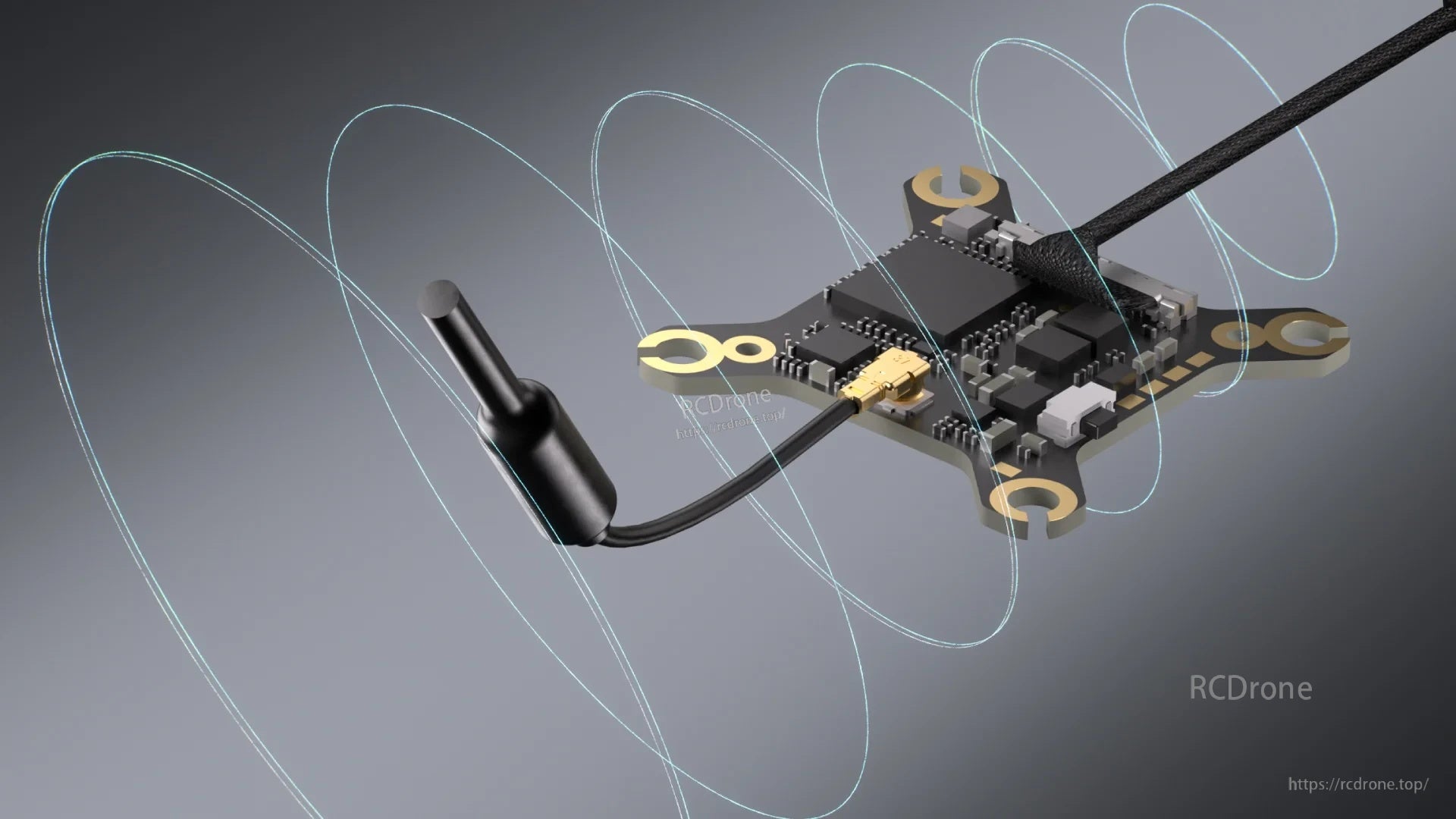 Ascent Lite VTX module with antenna showing signal transmission waves for long-range FPV link