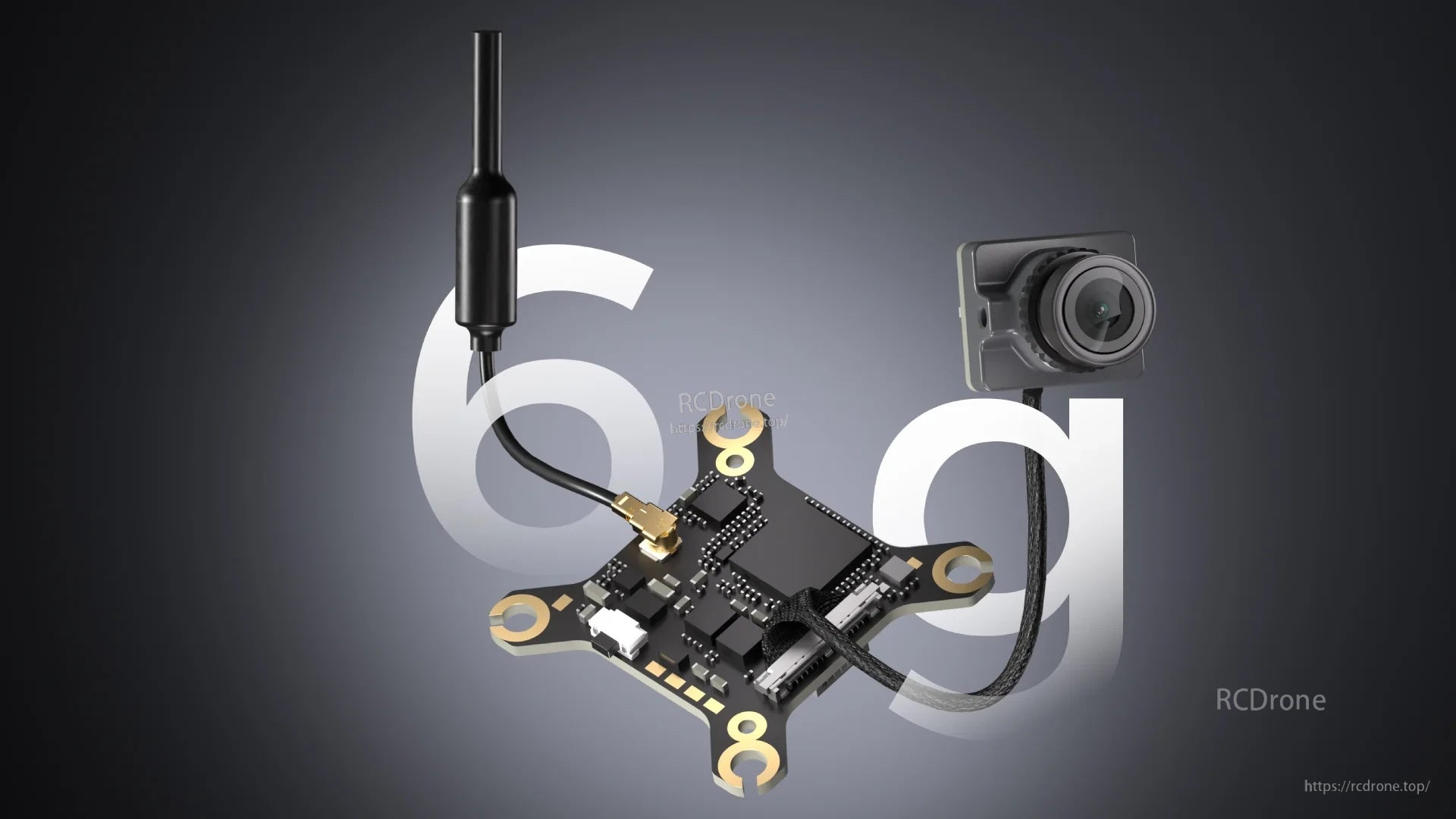 Ascent Lite VTX kit layout emphasizing 6 g lightweight design with camera and antenna connections