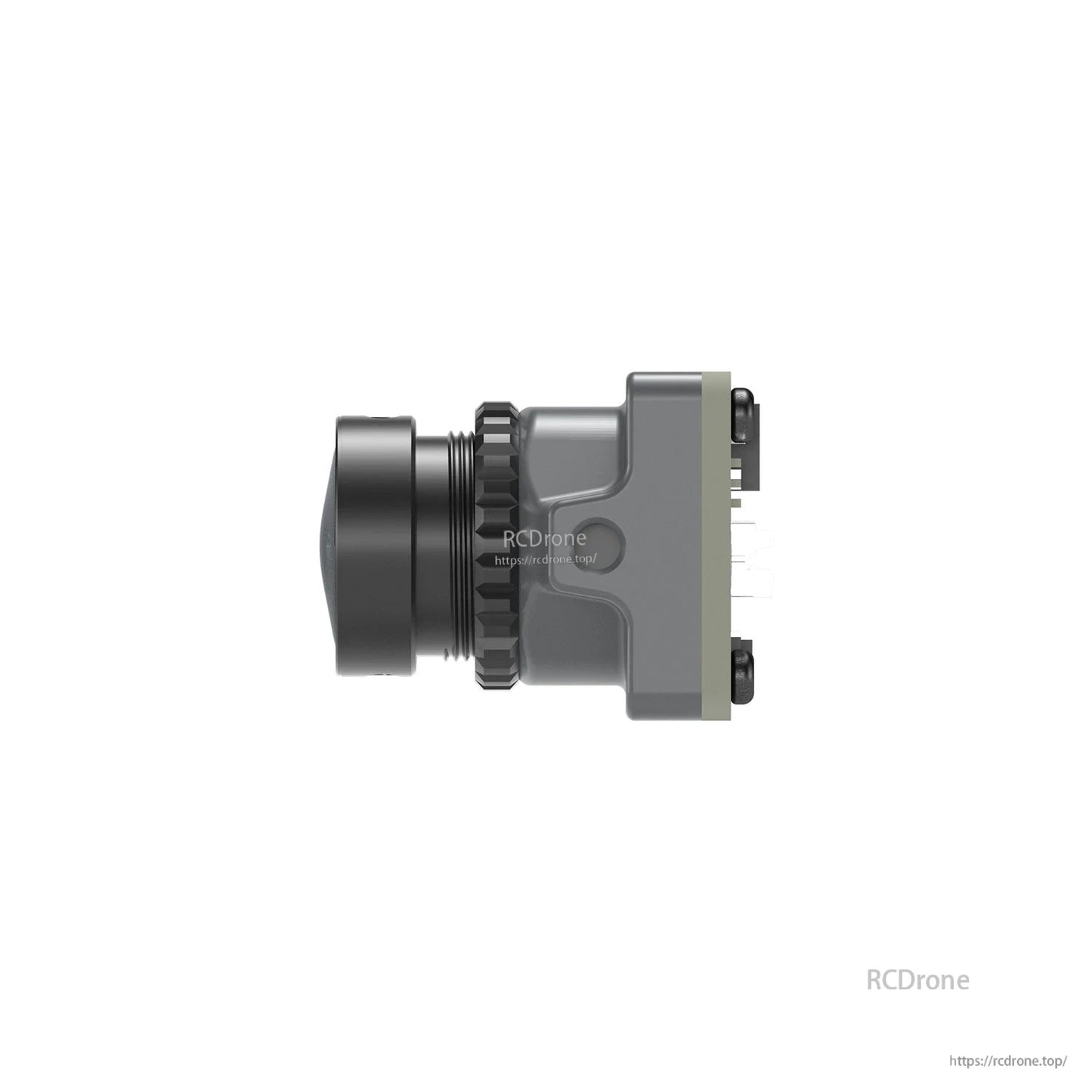 Side profile of FPV camera module showing lens protrusion and housing thickness with rear connector