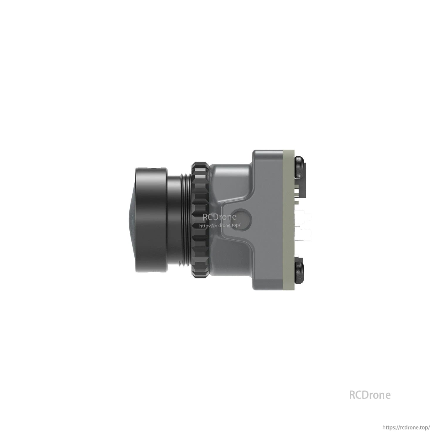 Side profile of FPV camera module showing lens protrusion and housing thickness with rear connector