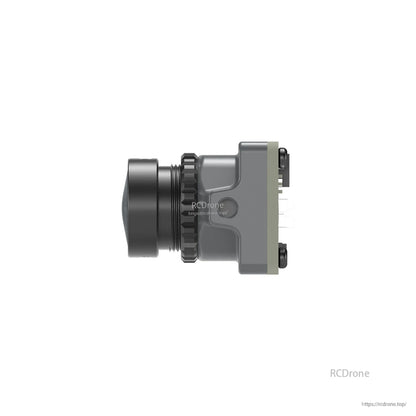 Side profile of FPV camera module showing lens protrusion and housing thickness with rear connector