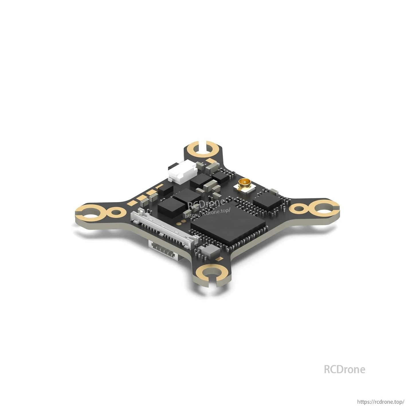 Angled close-up of Walksnail Ascent Lite VTX board showing chips, connector ports, and mounting corners