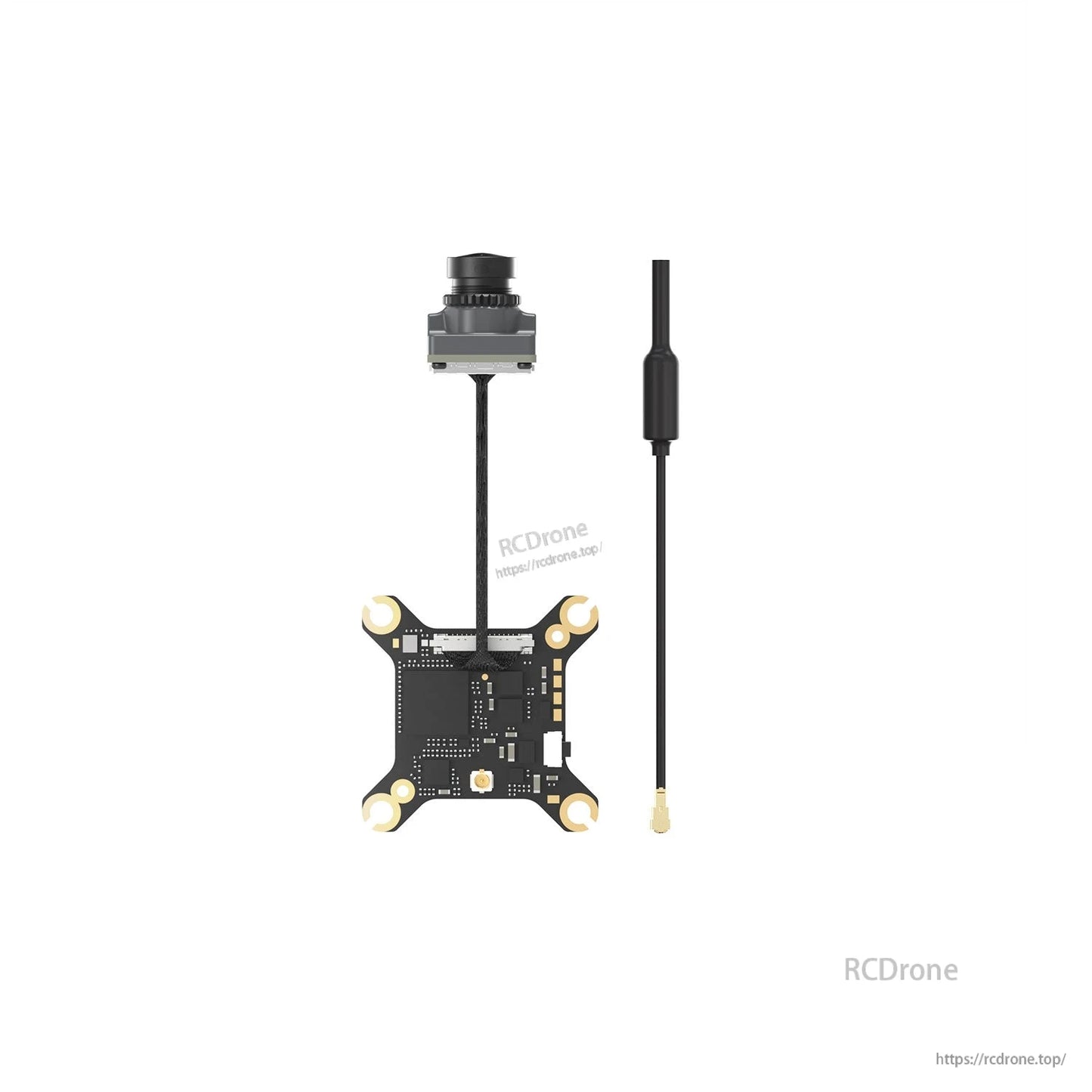 VTX board with connected FPV camera and separate antenna laid out on white background