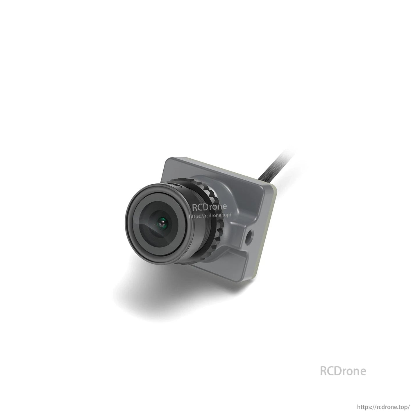Angled view of FPV camera showing lens, focus ring, and housing with attached cable