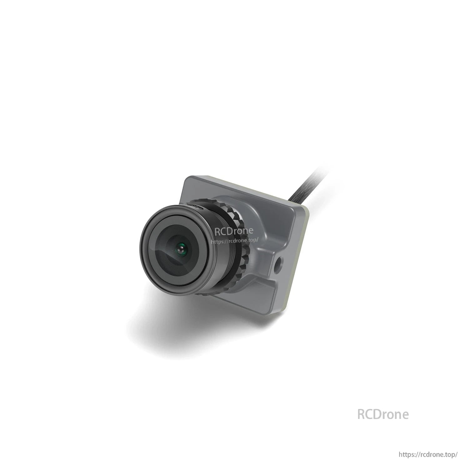 Angled view of FPV camera showing lens, focus ring, and housing with attached cable