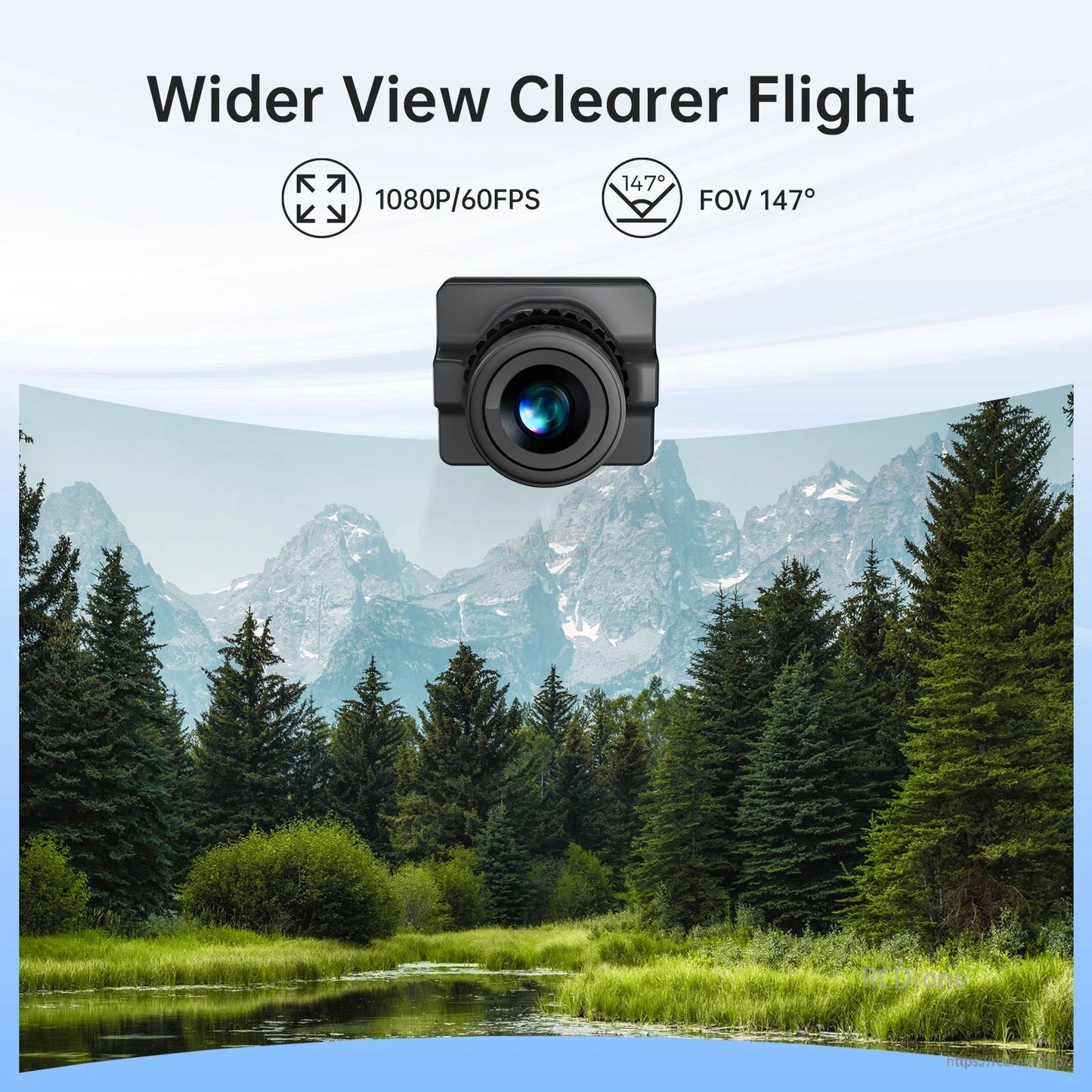FPV camera view graphic showing 1080P/60FPS and 147° field of view over landscape scene