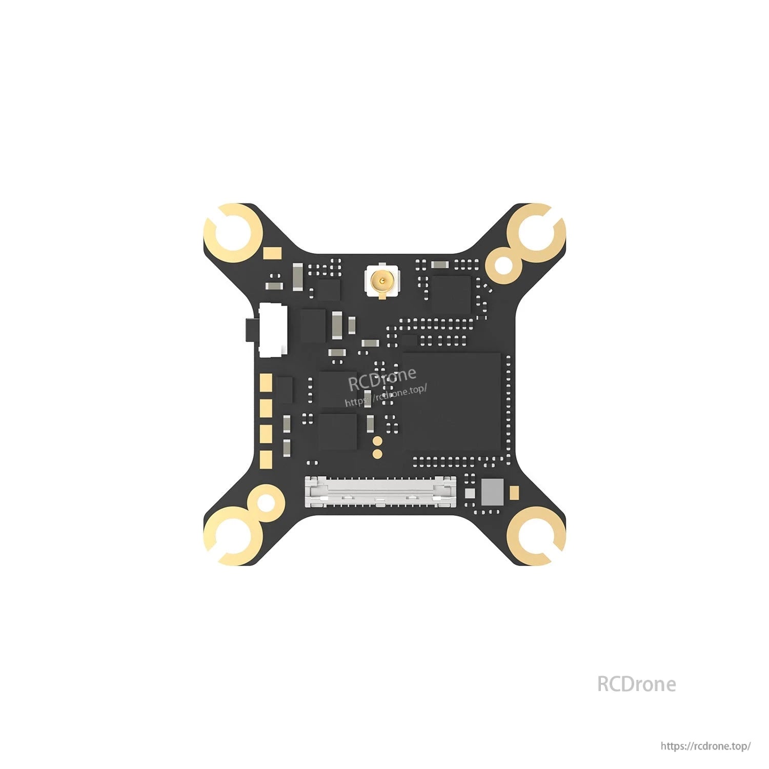 Top view of VTX circuit board layout with mounting holes, connector socket, and solder pad area