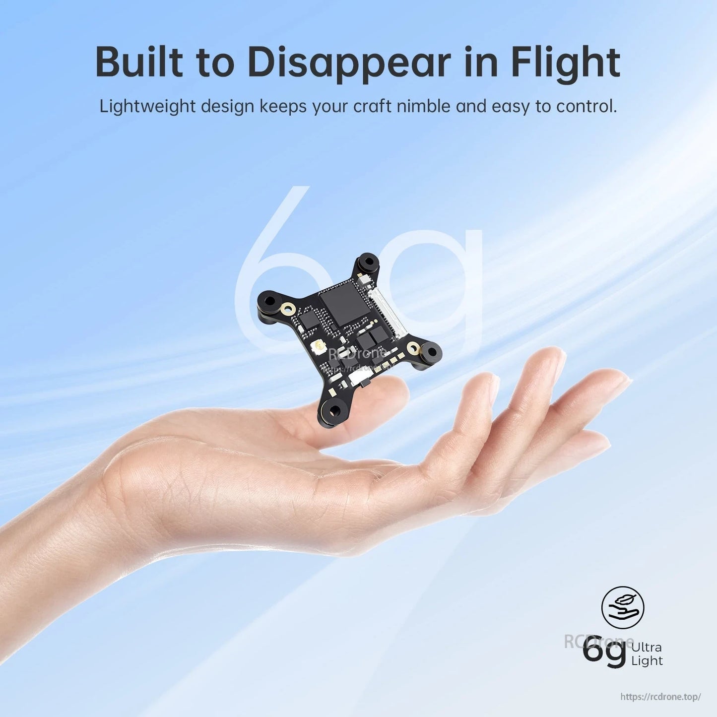 Walksnail Ascent Lite VTX board shown in hand with “Built to Disappear in Flight” and 6 g ultra light text