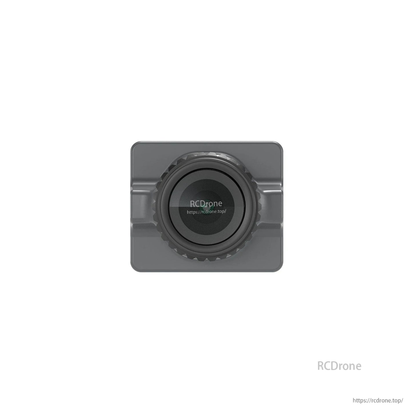 Front view of FPV camera module with lens and square housing on white background