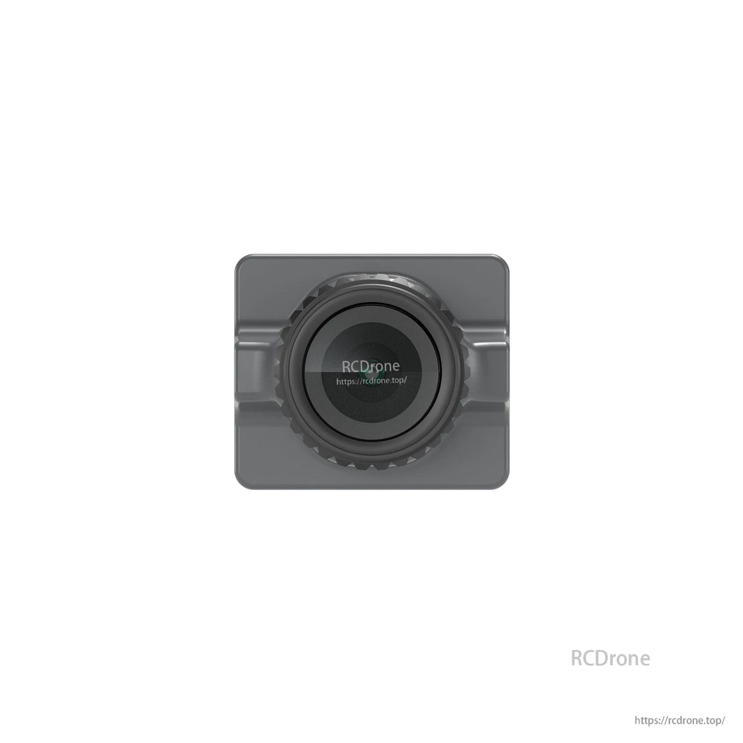 Front view of FPV camera module with lens and square housing on white background