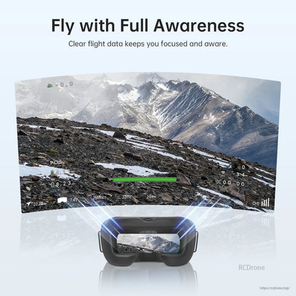 FPV goggles view with flight data overlay, “Fly with Full Awareness” awareness display concept graphic