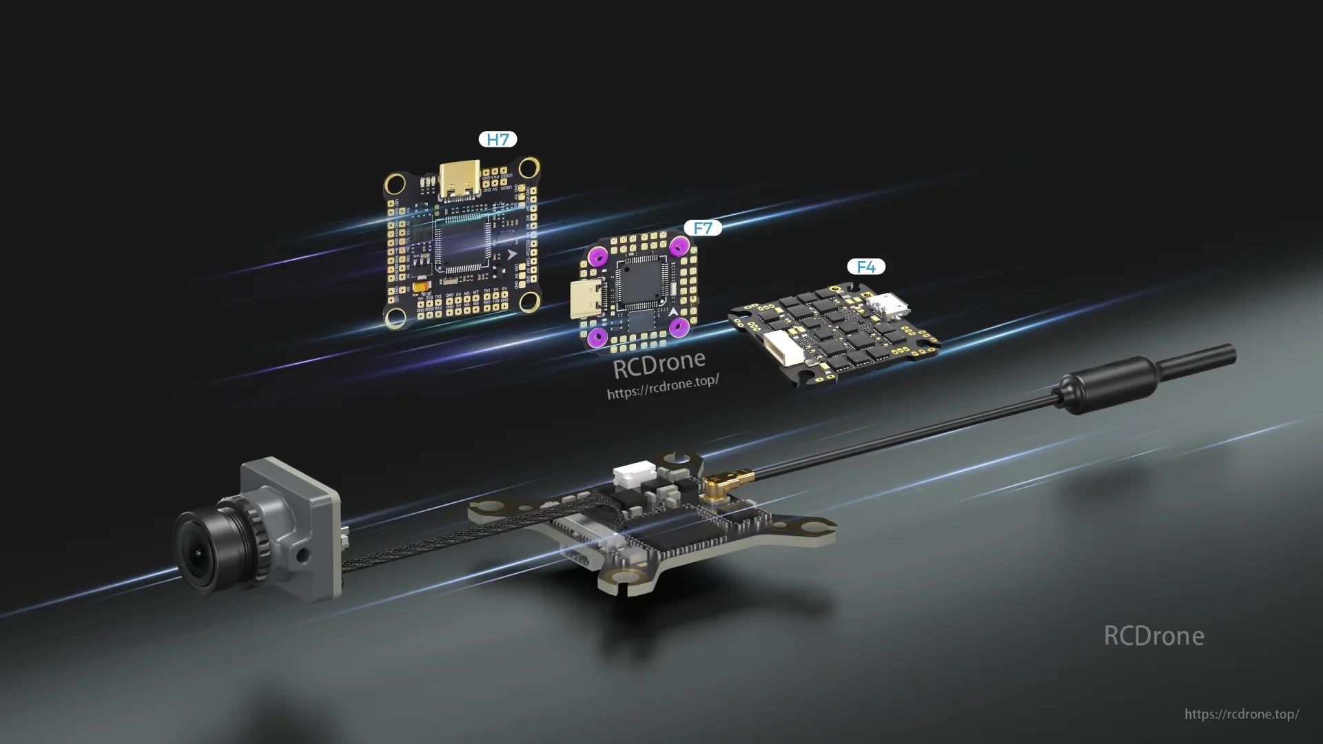 Walksnail Ascent Lite Kit compatibility graphic with F4, F7 and H7 flight controllers plus camera and antenna