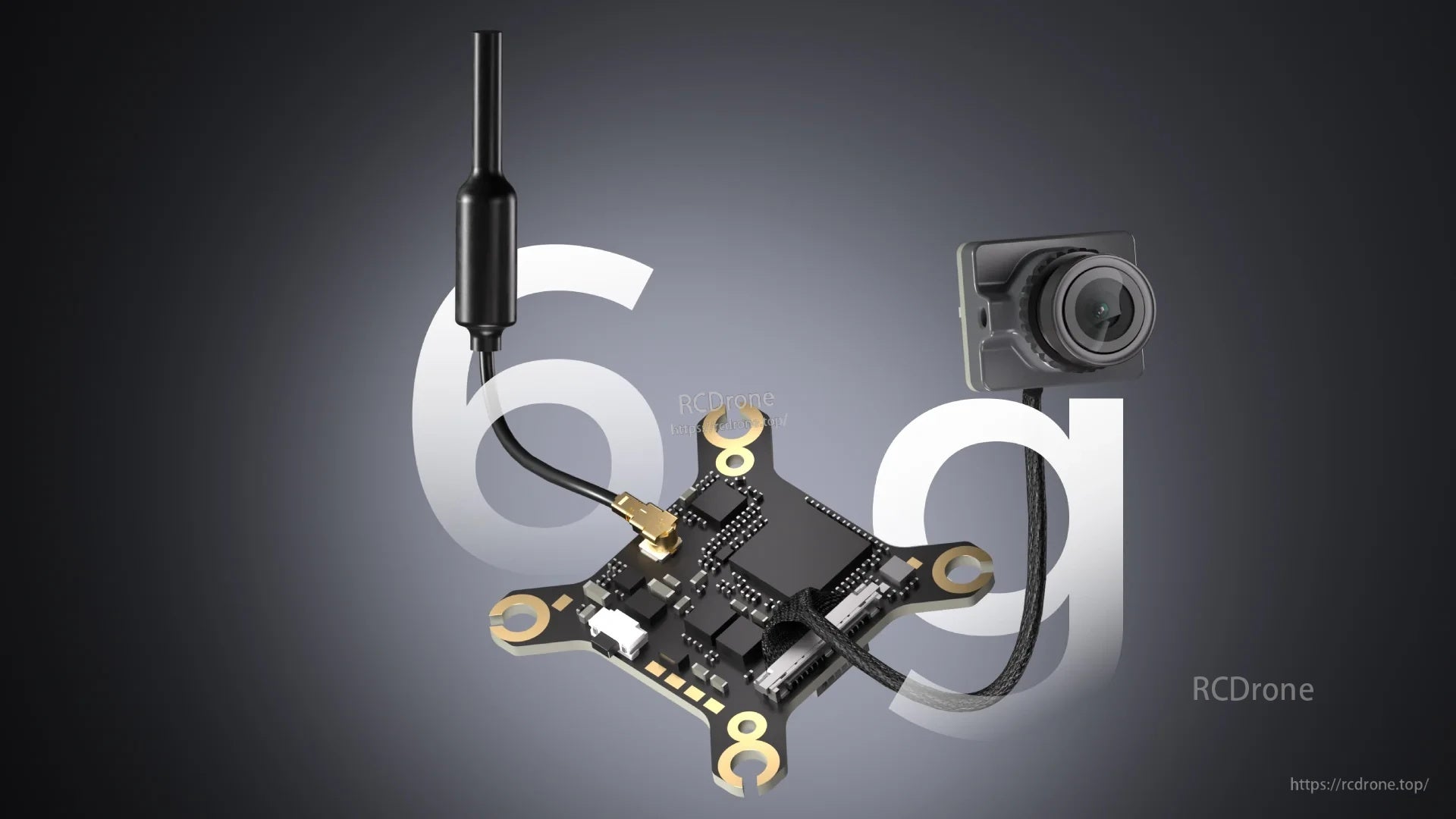 Top view of Walksnail Ascent Lite Kit digital FPV VTX board with camera module and antenna lead