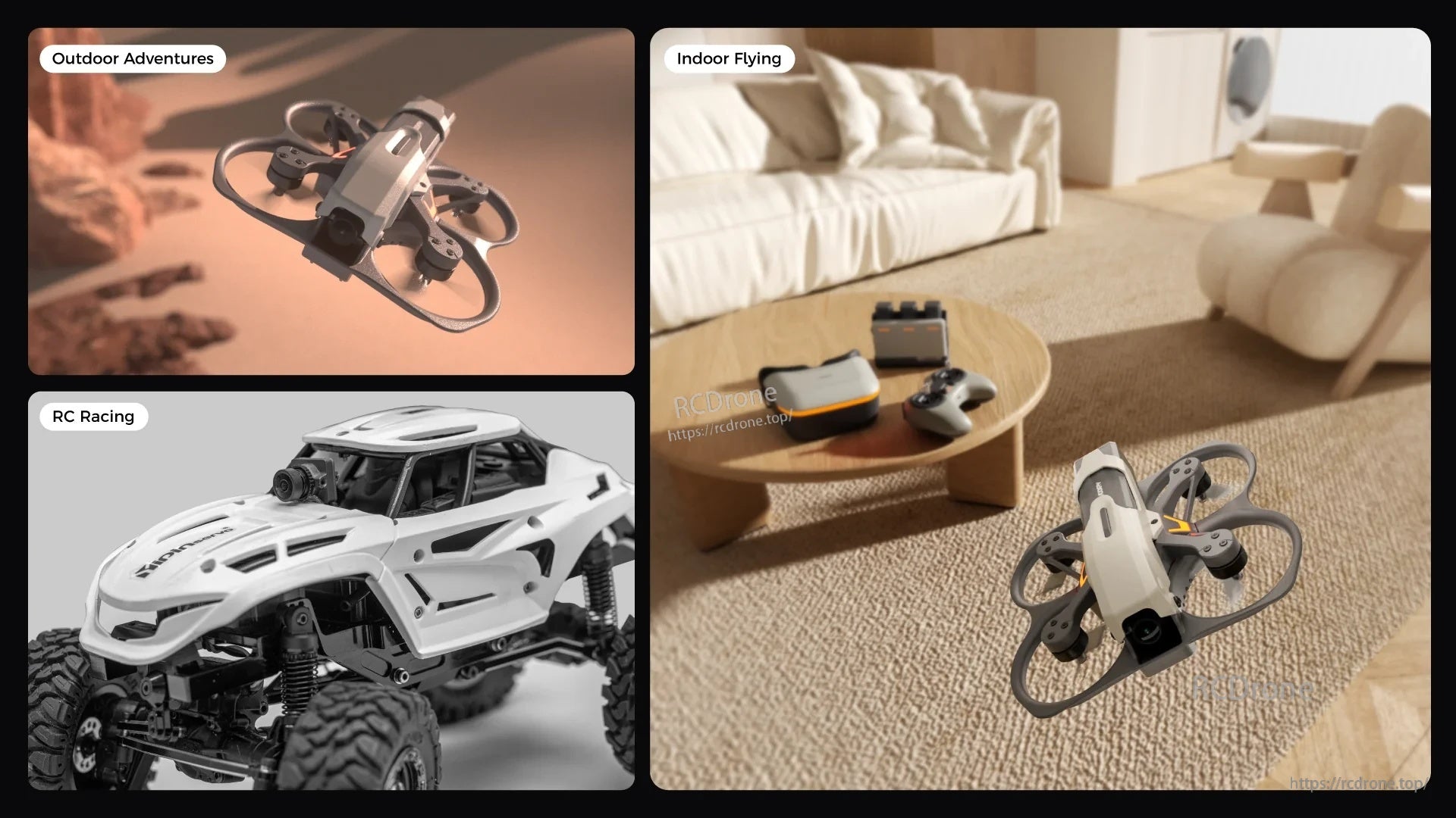 Use-case collage for indoor flying, outdoor adventures and RC racing with compact FPV drone setup