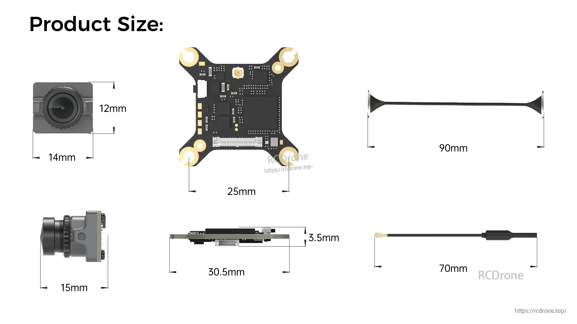 Product size chart with camera dimensions, VTX board size, antenna length and cable length measurements