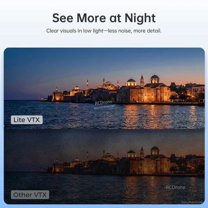 Low-light comparison image: Lite VTX vs Other VTX, showing clearer night scene with less noise