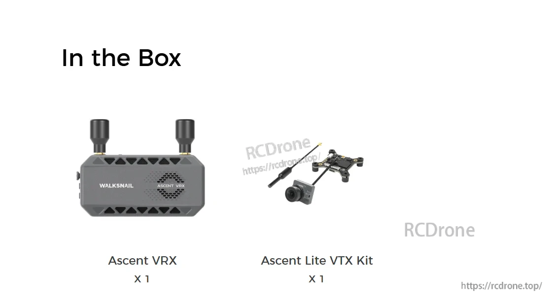 In the box: receiver (x1) and Ascent Lite VTX kit (x1)