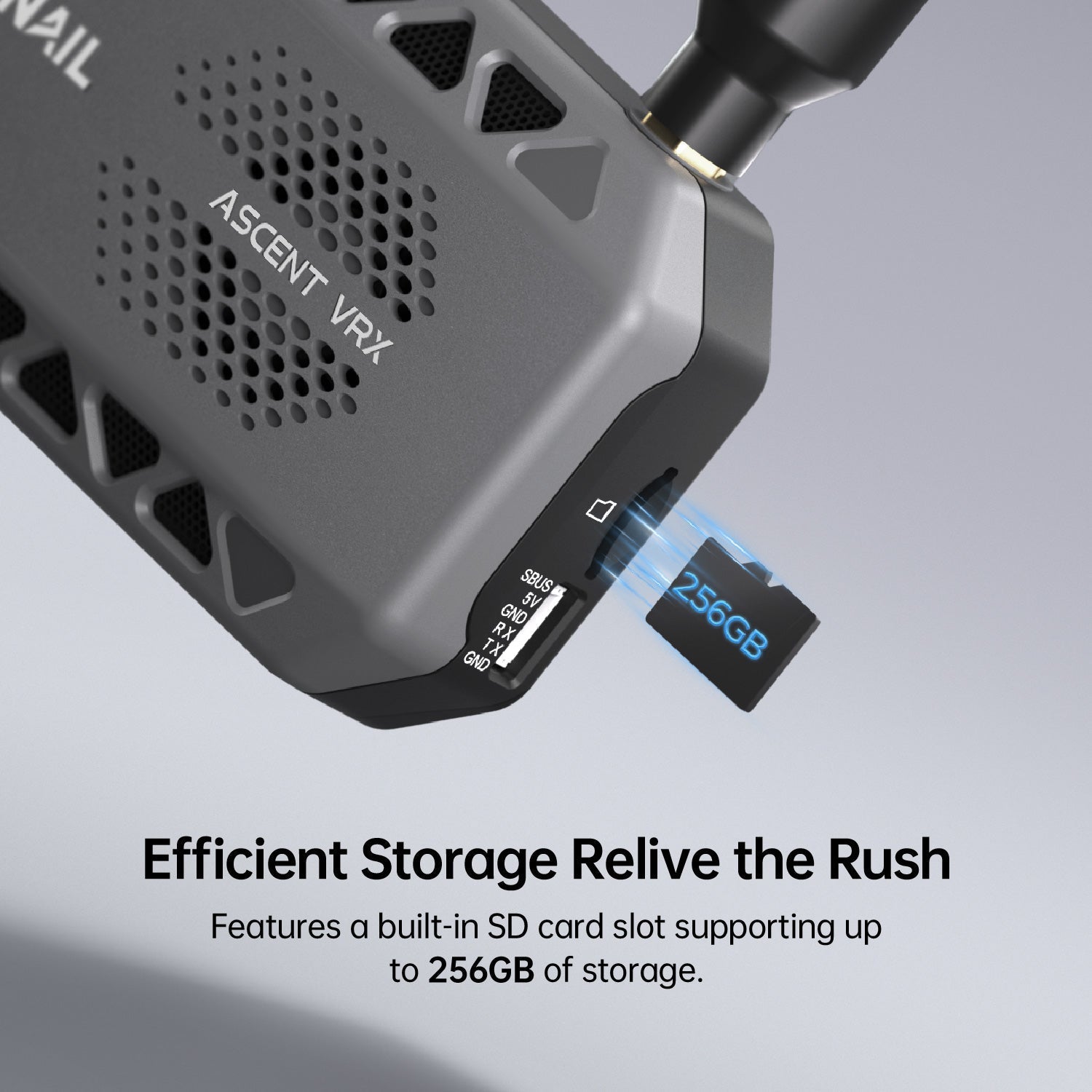 Close-up of Ascent VRX body and built-in SD card slot with 256GB capacity callout and labeled ports