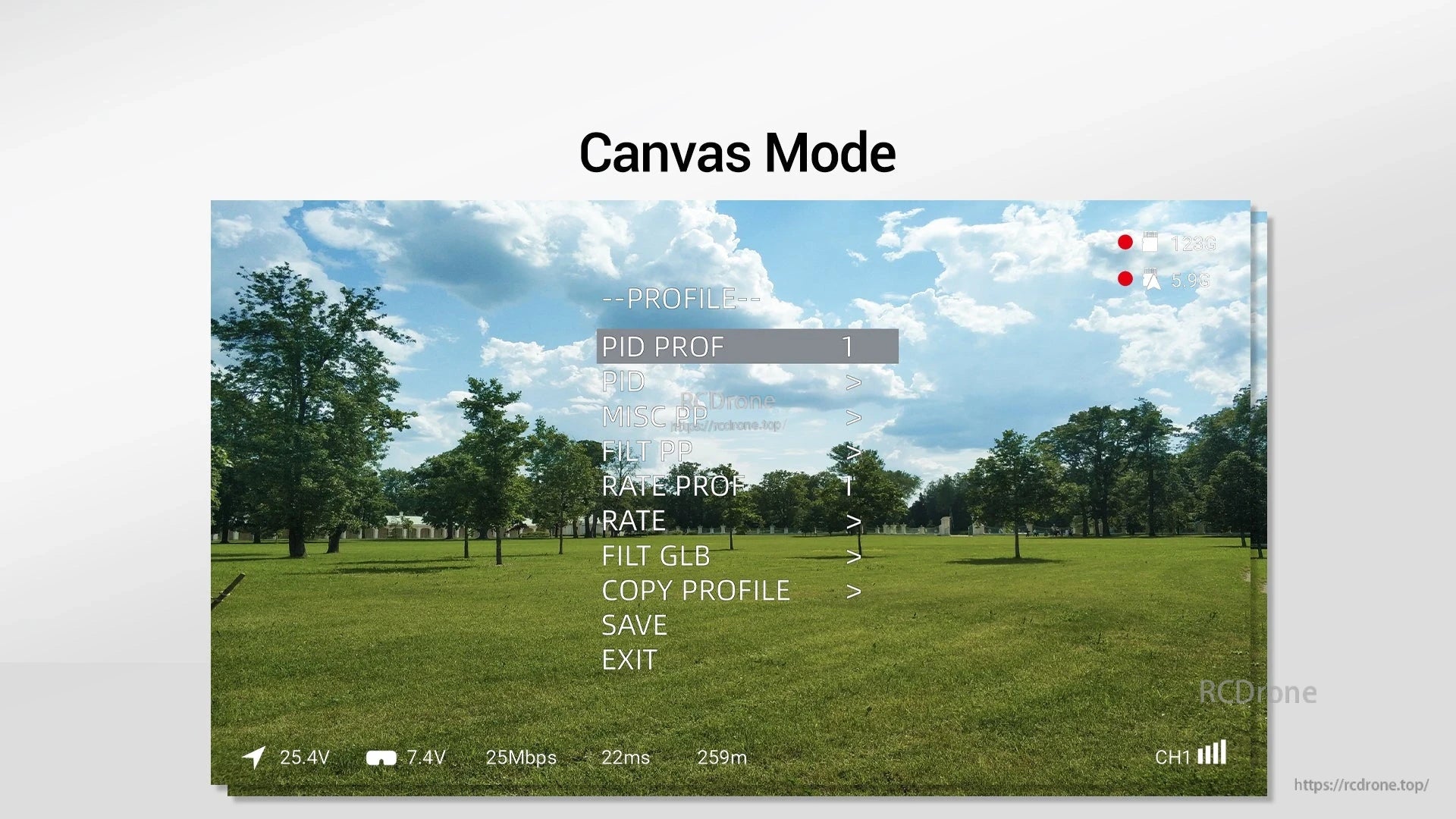 Walksnail Avatar FPV VRX, Canvas Mode overlays FPV system data—PID, rates, filters, voltage, signal, and channels—on a scenic park view.