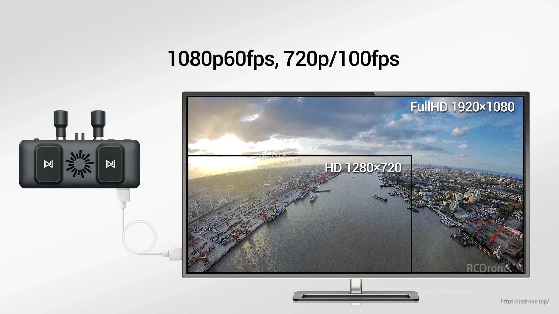 Walksnail Avatar FPV VRX, Supports 1080p60fps and 720p100fps video, displaying FullHD and HD resolutions via dual antennas and control buttons.