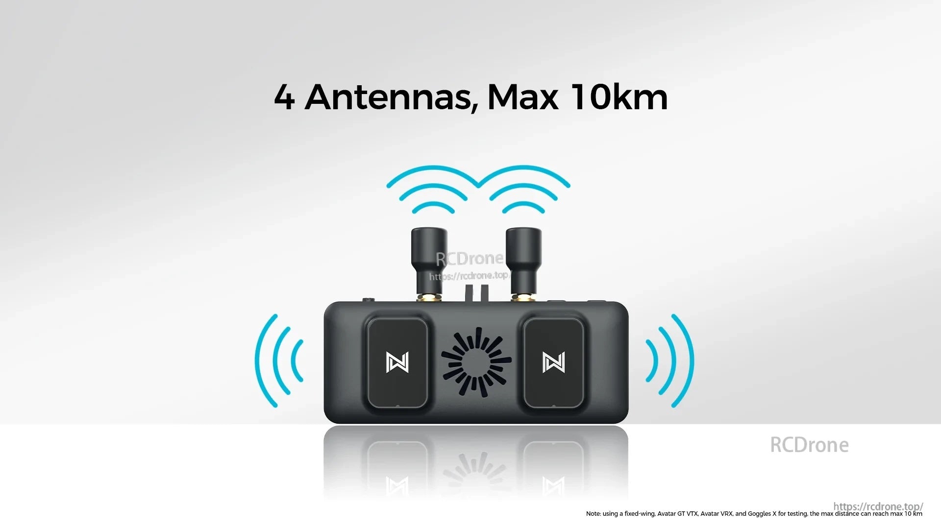 Walksnail Avatar FPV VRX four-antenna receiver layout with two antennas installed; range note up to 10 km