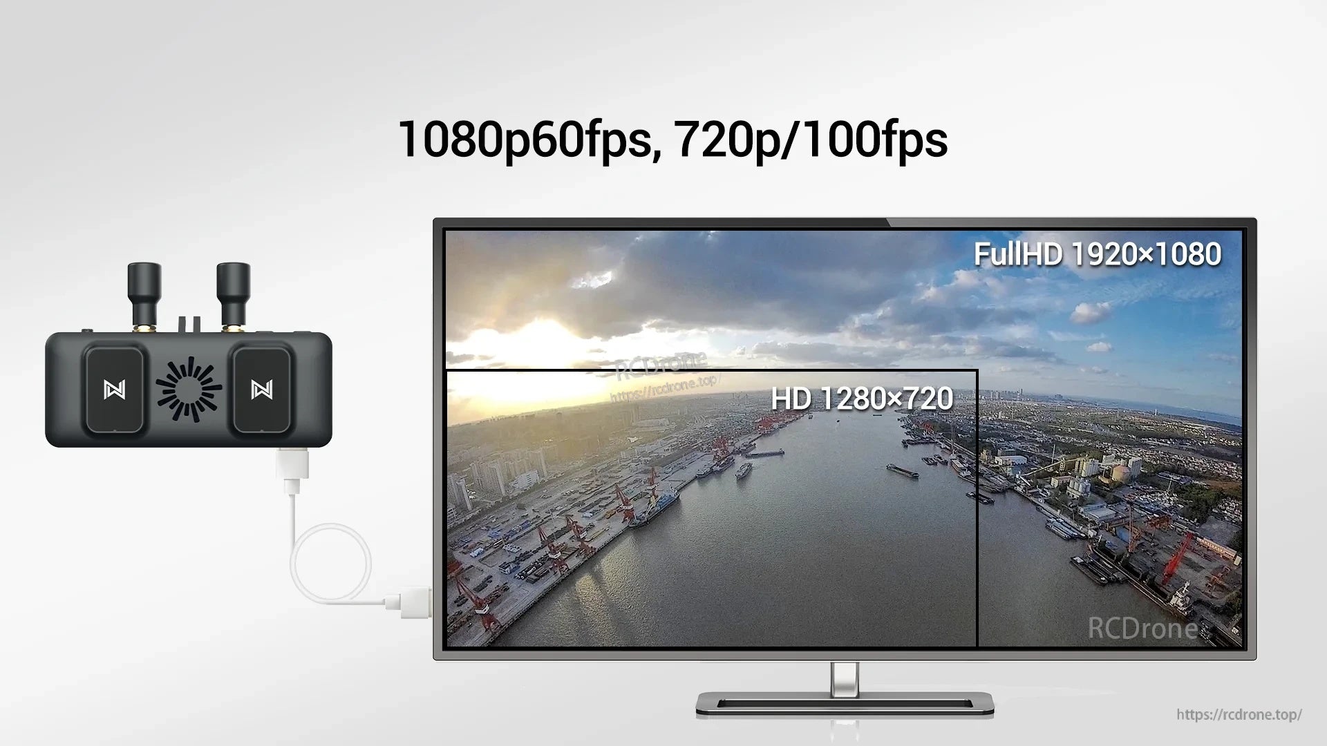 VRX HDMI output example showing 1080p60 and 720p100 display modes on a TV via HDMI connection