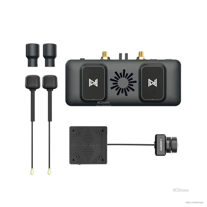 Flat lay of FPV VRX receiver set showing dual antennas, receiver housing, and wired Avatar camera module