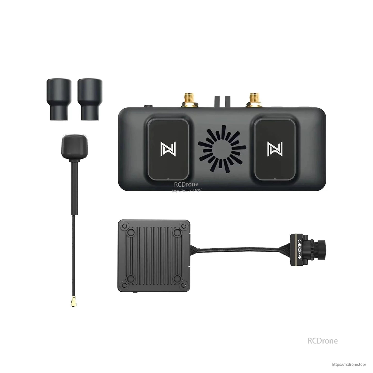 Receiver and camera kit layout on white background, with antenna accessories and RCDrone watermark
