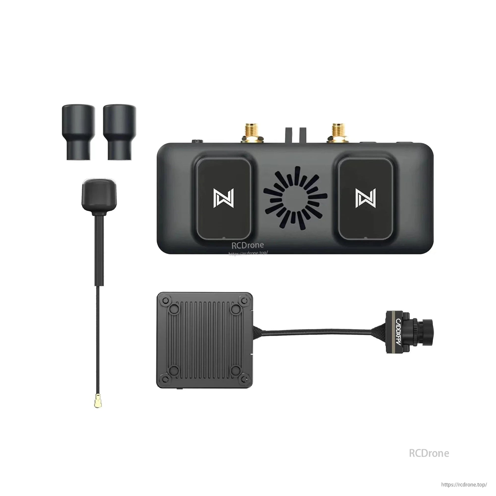 Receiver and camera kit layout on white background, with antenna accessories and RCDrone watermark