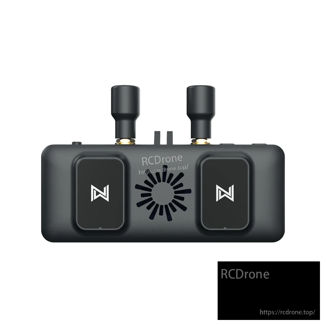 FPV video receiver front/top view with dual antennas, two front button panels, and RCDrone watermark