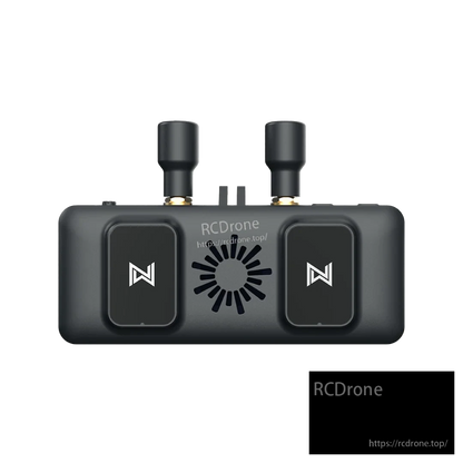 FPV video receiver front/top view with dual antennas, two front button panels, and RCDrone watermark