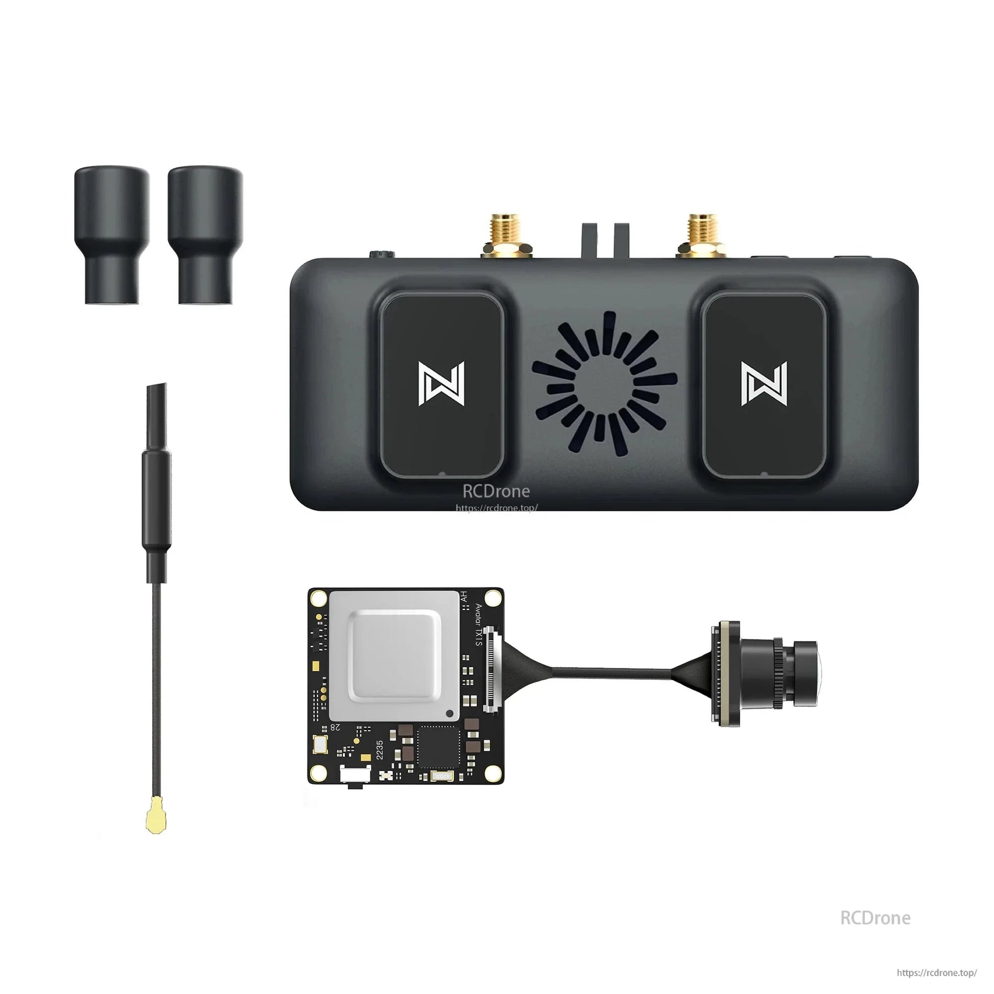 FPV video receiver bundle layout showing receiver, two antennas, coax cable, and camera module (RCDone)
